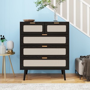 5 Drawer Cabinet Accent Storage Cabinet Wood Office File Cabinet Engineered Rattan Storage Dresser Chest - 1 of 4