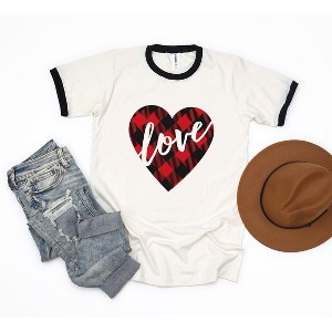 Simply Sage Market Women's Buffalo Plaid Love Heart Short Sleeve Ringer Tee - 1 of 4