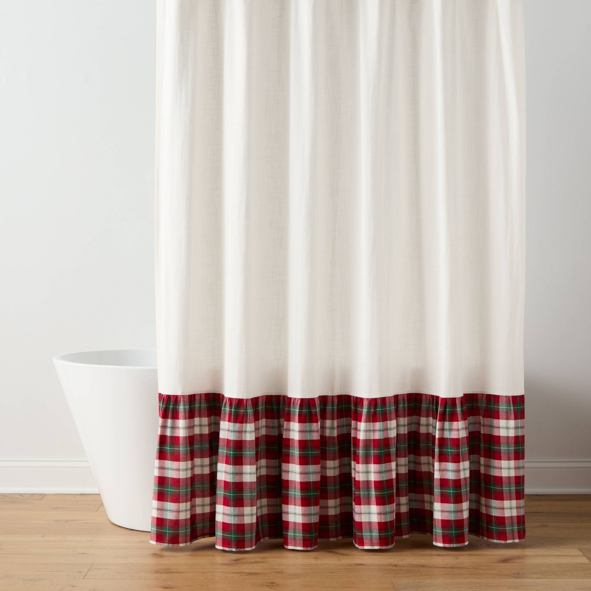 72"x72" Green/Red Plaid Ruffle Christmas Shower Curtain Cream - Threshold™