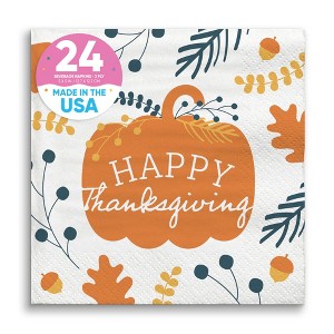 Big Dot of Happiness Happy Thanksgiving Napkins, Fall Harvest Party Decor, White 3-Ply Paper Beverage Cocktail Napkins - 24 Count - 1 of 4