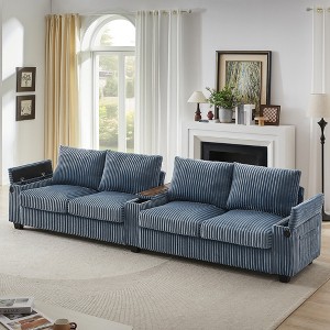 133" Corduroy Upholstered Sectional Sofa with USB Ports, Hidden Storage Arms, Central Console - 1 of 4