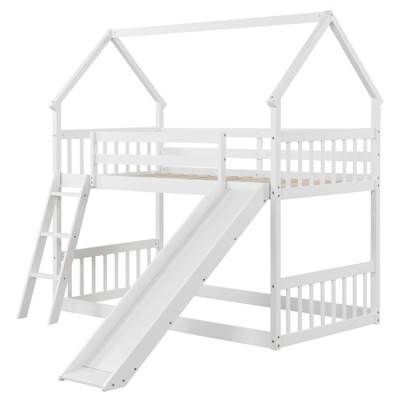 Tangkula Twin Over Twin House Bunk Bed w/ Slide Solid Wood Low Bunk Bed for Kids White