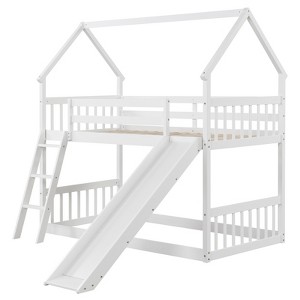 Tangkula Twin Over Twin House Bunk Bed w/ Slide Solid Wood Low Bunk Bed for Kids White - 1 of 4