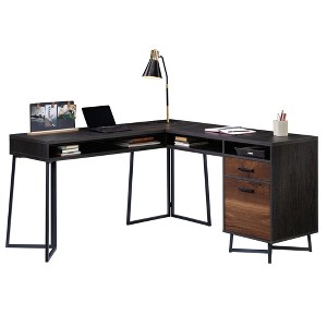 GDFStudio Weston Metal and Wood L-Shaped Office Desk with Drawer and Cubby - 1 of 4