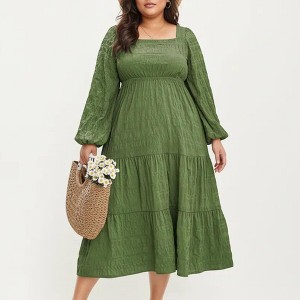 Anna-Kaci Women's Plus Size Long Sleeve Square Neck Midi Dress with Smocked  Bodice and Tiered Flowy Skirt - Green : Target