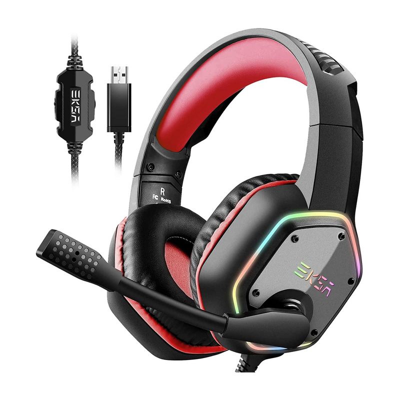 EKSA RGB LED Lit Plug In USB Gaming Headset for PC, Xbox, iMac, PS4, and PS5 with Flip Up Microphone and 50mm Speaker Driver, Red, 1 of 7