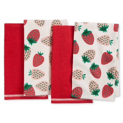 Sur La Table Kitchen Essentials 4pk 16"x28" Quirky Strawberries Fruit Kitchen Towel Set: 100% Cotton, Woven, Pink