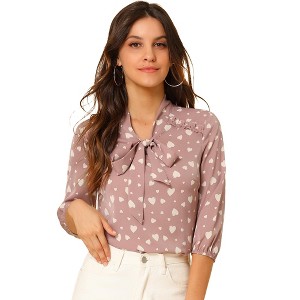 INSPIRE CHIC Women's Ruffle Shoulder Polka Dots Elastic Cuff 3/4 Sleeves Bow Tie Neck Blouse - 1 of 4