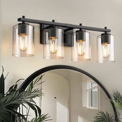 YANSUN 24 in. 4-Light Farmhouse Black Vanity Light with Clear Glass Shades for Budget Bathrooms