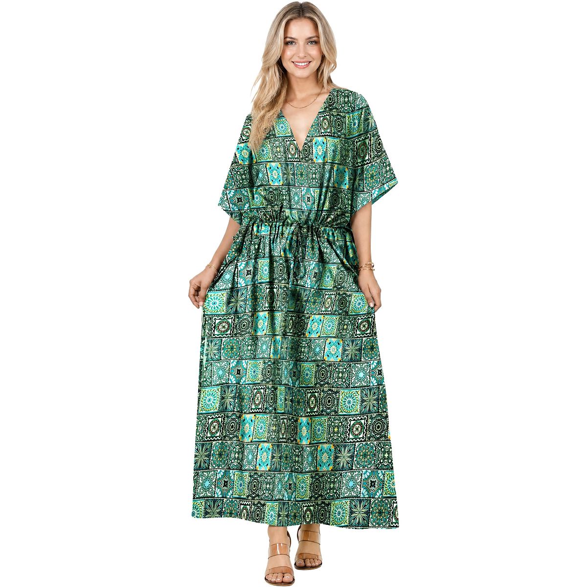 LA LEELA Summer Rayon Blend Vacation Ready Caftan for Women Resortwear Holiday Cruise Pregnancy Wear Maxi Dress 2X-3X Green Floral
