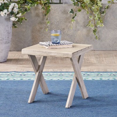 CAVINAS Teak Acacia Wood Outdoor Side Table with Classic Cross Base, Rustic Patio End Table, 18" Square Outdoor Sofa Table