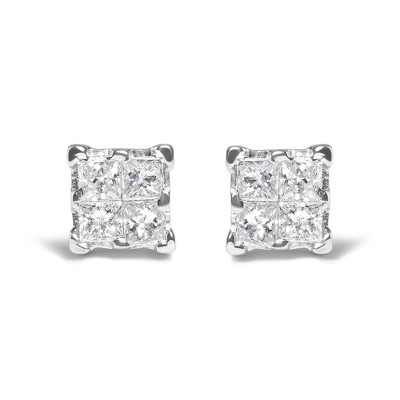 Haus of Brilliance Silver 1/4 Cttw Invisible Set Princess Diamond Composite Quad Stud Earrings