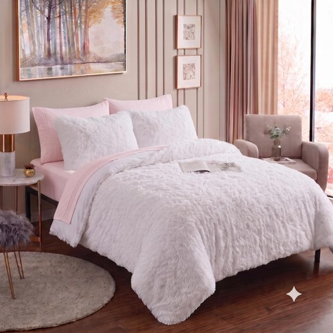 Sweet Home Collections 7 Piece Plush Shaggy Bed In A Bag Comforter & Sheet Set Faux Fur Decorative Fluffy Velvet Bedding, Queen, White/Pale Pink
