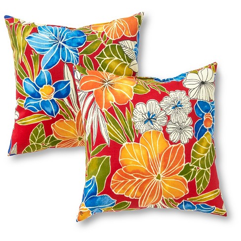 Set Of 2 Aloha Red Floral Outdoor Square Throw Pillows