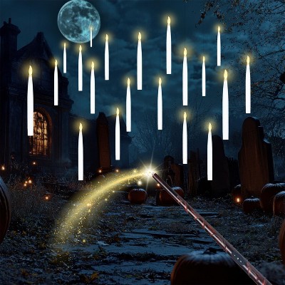 Joyfy 20Pcs Halloween Magic Floating Candles with Wand Set, Flickering Light Hanging Flameless LED Candles with 2 Light Mode for Halloween Party Decor