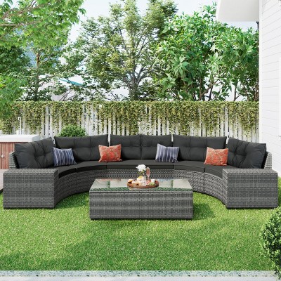 8 Piece Rattan Round Modern Garden Sofa Sets,Outdoor Patio Furniture Conversation Sets with Cushions,Half-Moon Wicker Sectional Sofas-Coolbibila