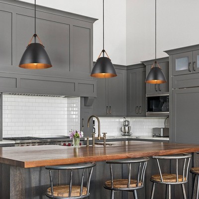 Globe Electric 1-Light Matte Black Pendant Light with Faux Leather Strap Detail: Industrial Ceiling Fixture, ETL Listed