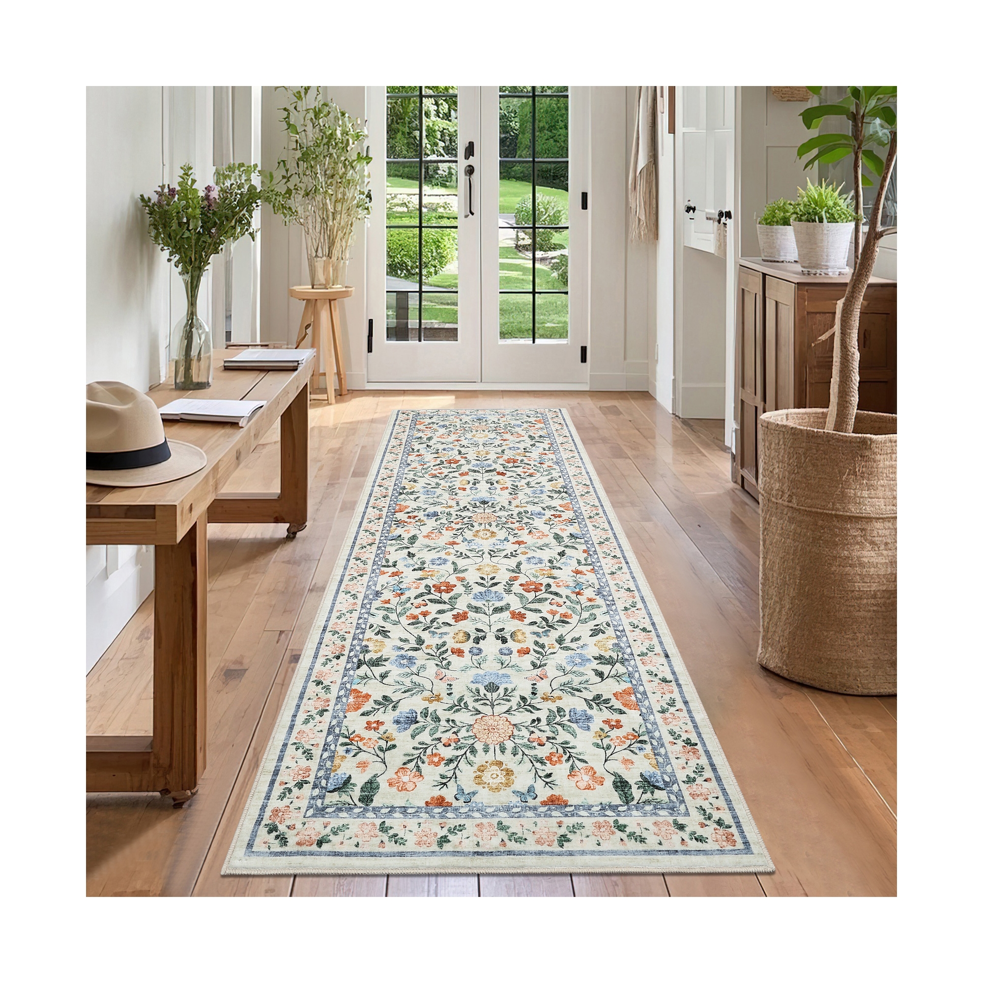 Washable Runner Rug for Hallway 2x6 Floral Print Kitchen Runner with Non-Slip Backing, Non-Shedding Low Pile Accent Rug, Foldable Farmhouse Rug