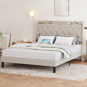 coucheta Bed Frame with Charging Station,Upholstered Platform Bed Frame with Storage Wingback Headboard,No Box Spring Needed,Noise-Free,Easy Assembly - 1 of 4