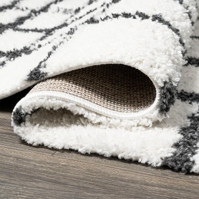 Ivory and Black Moroccan-Inspired Geometric Shag Rug