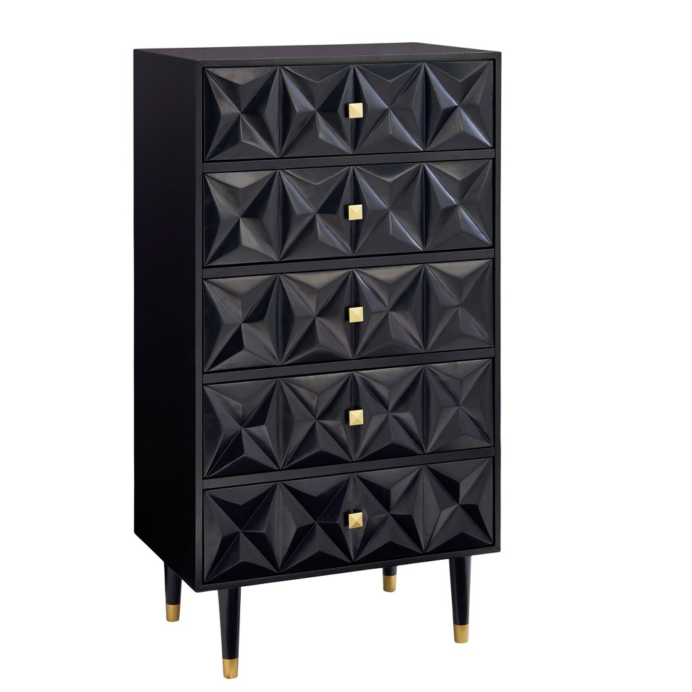 Photos - Dresser / Chests of Drawers Linon Glam 5 Drawer Geo Textured Dresser Chest Black and Gold Pulls  