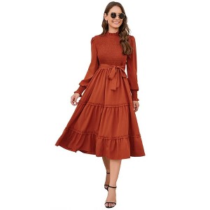 Women's Ruffle Mock Neck Long Sleeve Smocked Midi Dress Casual Floral Print Elastic Waist Tiered Long Dress - 1 of 4
