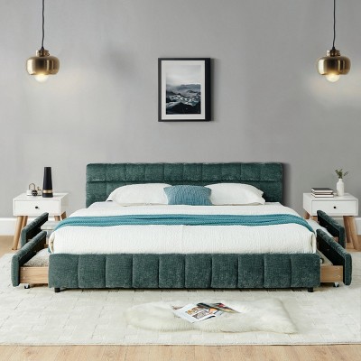 California King Upholstered Platform Bed with Headboard and Underbed Drawers, Chenille Fabric Frame Bed for Bedroom-Baofuwish