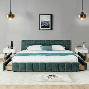 California King Upholstered Platform Bed with Headboard and Underbed Drawers, Chenille Fabric Frame Bed for Bedroom-Baofuwish - 1 of 4