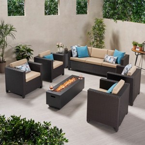 Christopher Knight Home Hegseth Outdoor Wicker 7 Seater Chat Set with 50,000 BTU Iron Fire Pit - 1 of 4