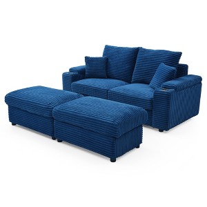 TiramisuBest Loveseat with Ottomans, Corduroy Fabric Modular Sectional Sofa, Comfy Deep Plush Couch with Two Pillows for Living, Bedroom, Blue - 1 of 4