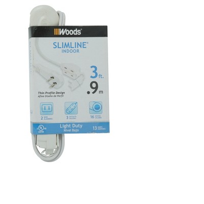 Woods 3' Slimline White Extension Cord: 3 ft Indoor Shortest Extension Cord, 16 AWG, 3 Outlets, UL Listed