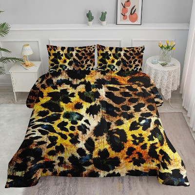 Gold Leopard Comforter Set Full Size – 3Pcs Abstract Cheetah & Floral Bedding with Geometric Design, Wildlife Quilt Set for Women Adults