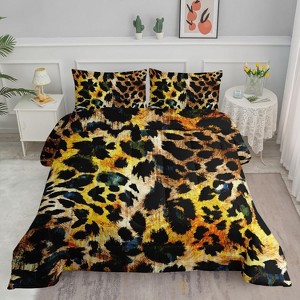 Gold Leopard Comforter Set Full Size – 3Pcs Abstract Cheetah & Floral Bedding with Geometric Design, Wildlife Quilt Set for Women Adults - 1 of 4