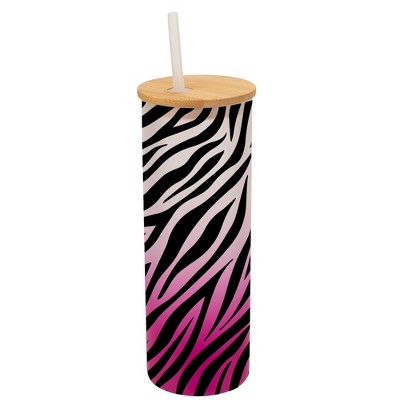 Elanze Designs Zebra Animal Print Wrap-Around Design 25 Ounce Frosted Gradient Glass On-The-Go Coffee Travel Skinny Tumbler Mug Cup, Bamboo Lid and