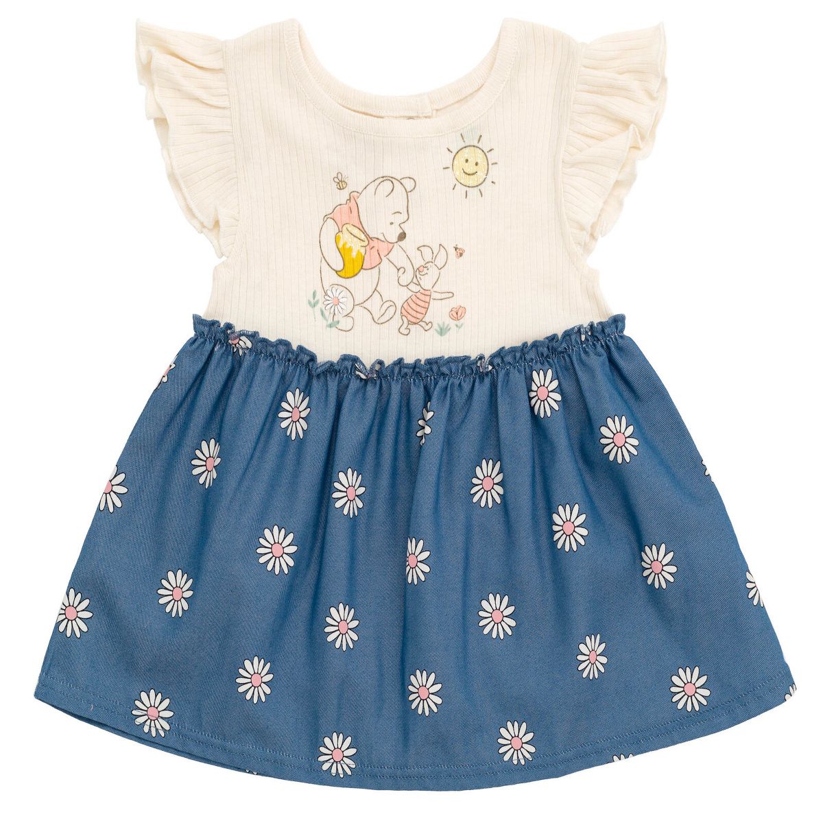 Disney Winnie the Pooh Piglet Floral Baby Girls Chambray Dress and Diaper Cover Outfit Set Newborn to Infant - thumbnail 3