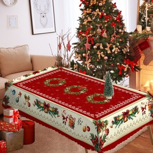 Christmas Tablecloth with Santa, elk and Wreath Designs, Dustproof Dining Table Cover for Holiday Decor - 1 of 4