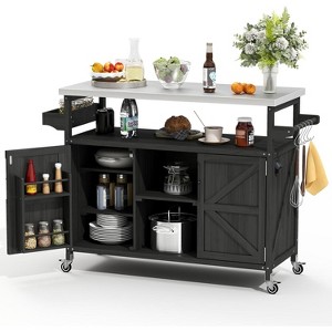 Zevemomo Outdoor Grill Cart, Stainless Steel Tabletop Outdoor Kitchen Island,Solid Wood Outdoor Buffet Cabinet with Lockable Wheels for Grilling,Black - 1 of 4