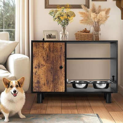 Large Pet Dog Food Storage Cabinet,Storage Cabinet With Stainless Steel Double Pull Out Raised Dog Bowls For Living Room,Bedroom-Cuddlewood