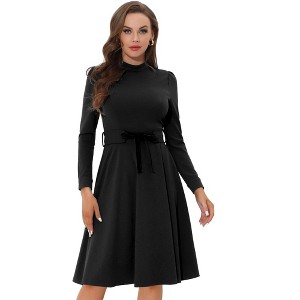 Allegra K Women's Elegant Work Sheath Mock Neck Flare Long Sleeve Knit Midi Dress - 1 of 4