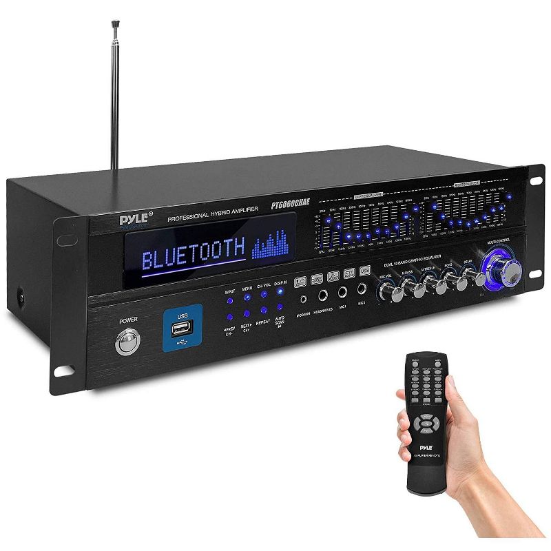 Pyle PT6060CHAE 6 Channel Hybrid 2000 Watt Wireless Home Amplifier Receiver with Radio Antenna, Remote Control, Handles, and 9 Input Options, Black, 1 of 6