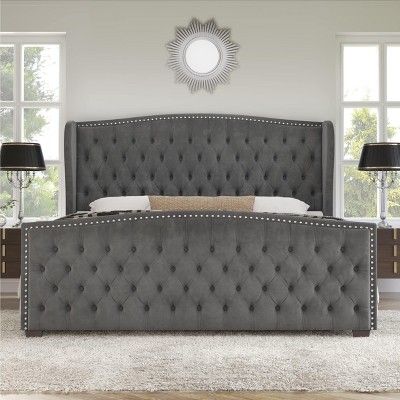 AMERLIFE King Size Platform Bed Frame, Velvet Upholstered Bed with Deep Button Tufted, Grey