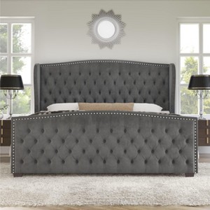AMERLIFE King Size Platform Bed Frame, Velvet Upholstered Bed with Deep Button Tufted, Grey - 1 of 2
