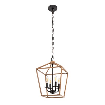 DORESshop 8 in. 4-Light Wood Grian/GrayGeometric Open Cage Pendant Light, Chandelier for Dining Room, House Foyer