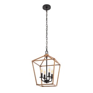 DORESshop 8 in. 4-Light Wood Grian/GrayGeometric Open Cage Pendant Light, Chandelier for Dining Room, House Foyer - 1 of 4