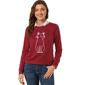 INSPIRE CHIC Women's Round Neck Cat Printed Sweatshirt - 1 of 4