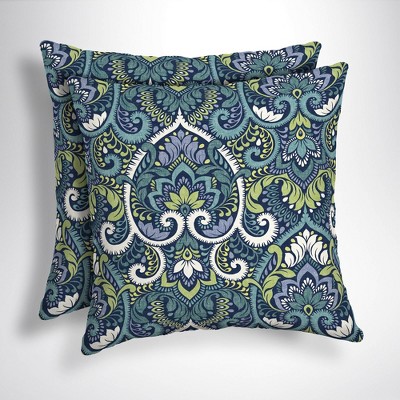 2pk Aurora Damask Square Outdoor Throw Pillows Sapphire - Arden Selections
