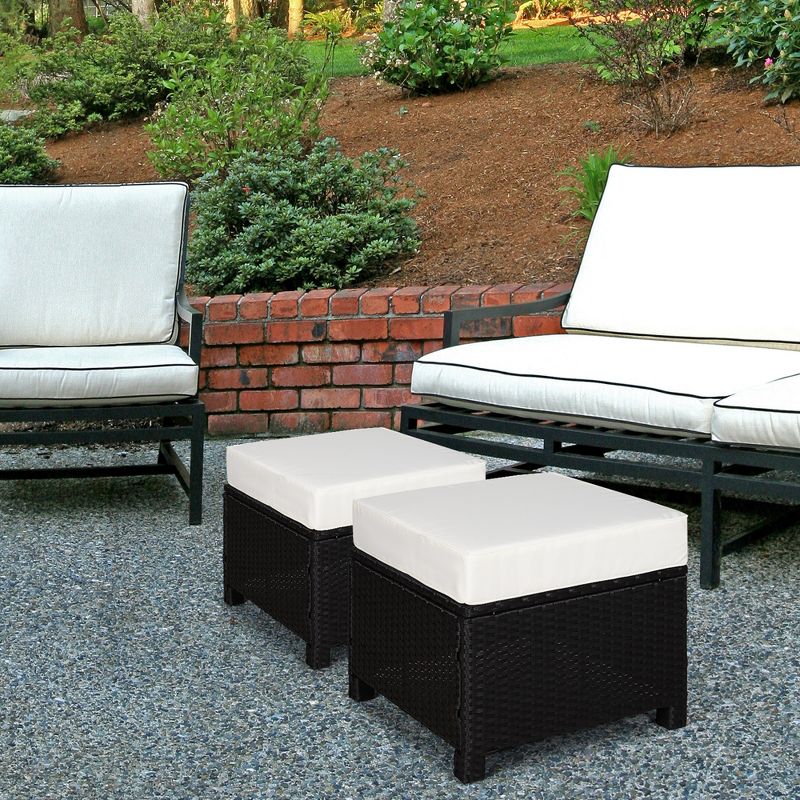 Outsunny 2 Pc 20" Outdoor PE Rattan Wicker Ottoman, Fade-Resistant Patio Footrest with Soft Cushion, Steel Frame, Black, White, 3 of 7