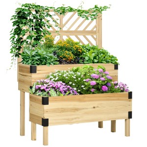 COWLOWN Raised Garden Bed with Trellis, 2 Tier Wooden Elevated Planter Box with Legs and Metal Corners for Vegetables, Flowers, Herbs - 1 of 4