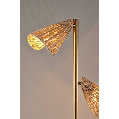 Antique Brass and Natural Rattan Adjustable Dual-Light Floor Lamp