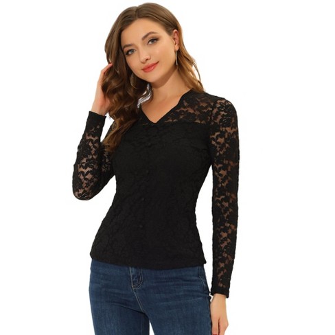 Allegra K Women's Lace Top V Neck Floral Embroidery Long Sleeve Sheer  Blouse Black X-Small